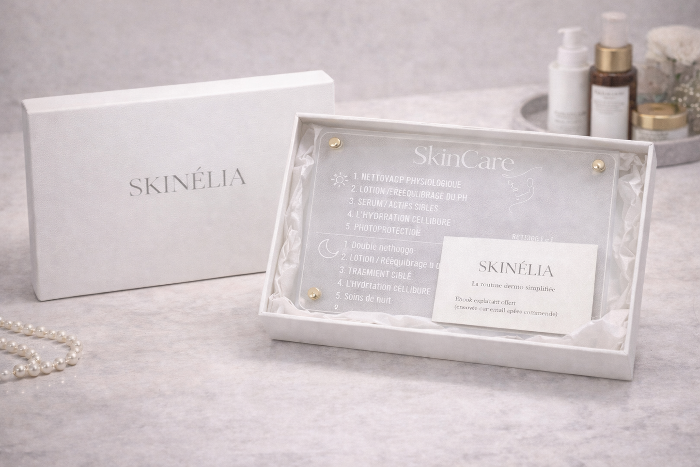 Cadre SkinCare en plexiglass – Routine matin & soir + E-book inclus | SKINÉLIA